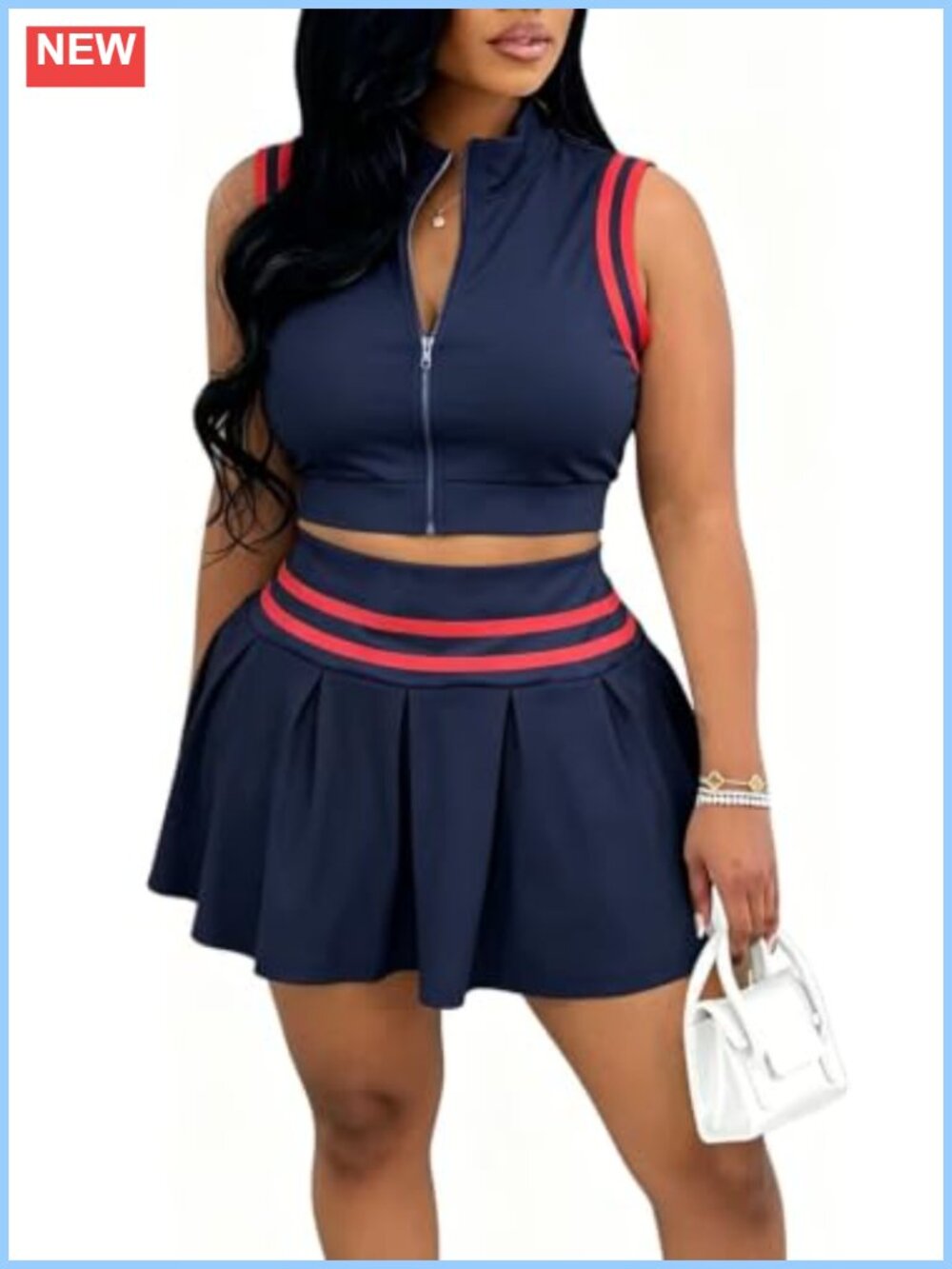 Women's Tennis Skirt Set Sleeveless Zip Crop Top Pleated Mini Skirt 2 Piece Set
